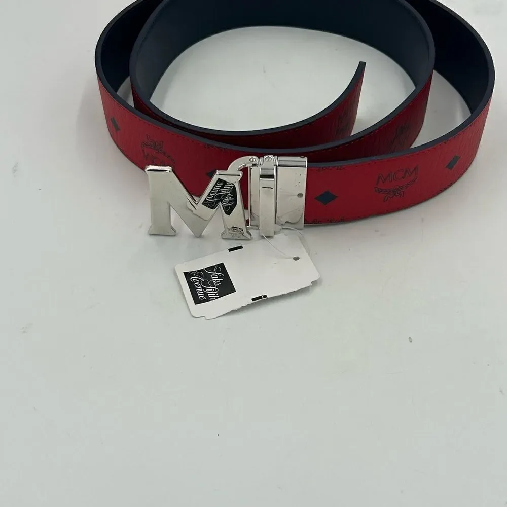 Men’s MCM monogram, red leather reversible belt size 50 can be made smaller